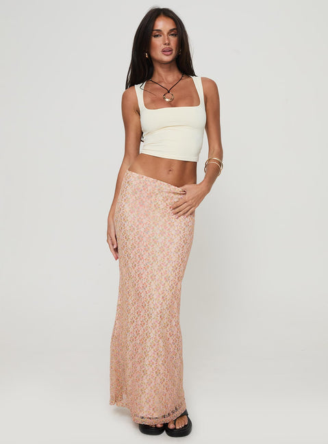   front view of model wearing Princess Polly Gallego Lace Maxi Skirt Pink Maxi 