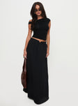   side view of model wearing Princess Polly Rennata Gathered Mid Rise Maxi Skirt Black Maxi 