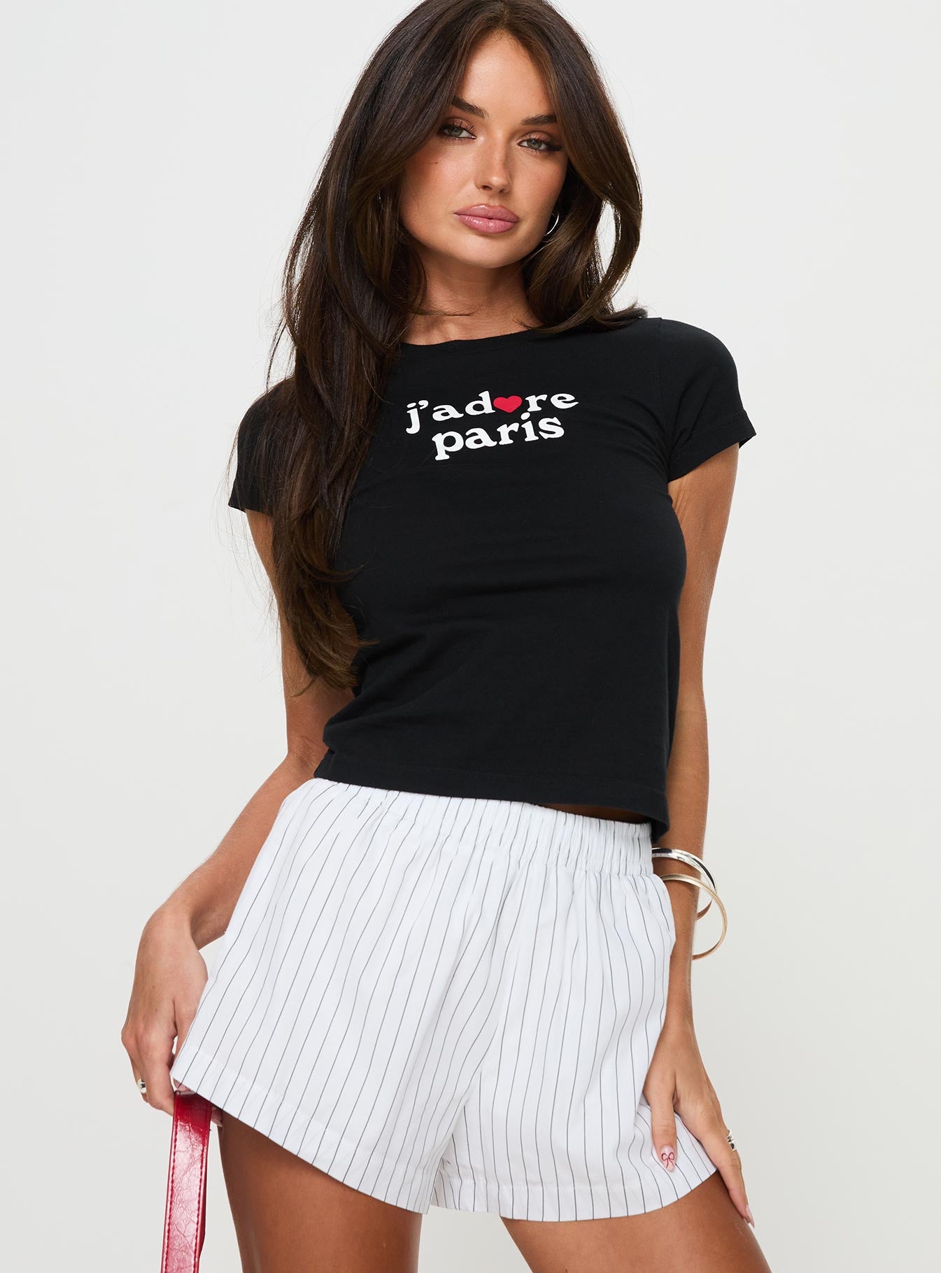 front view of model wearing Princess Polly Jadore Tee Black Sleeveless Crew Neck 