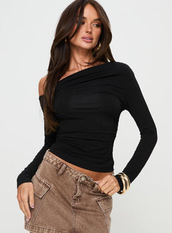 side view of model wearing Princess Polly Beller Long Sleeve Top Black Full Sleeves Asymmetric Neckline 