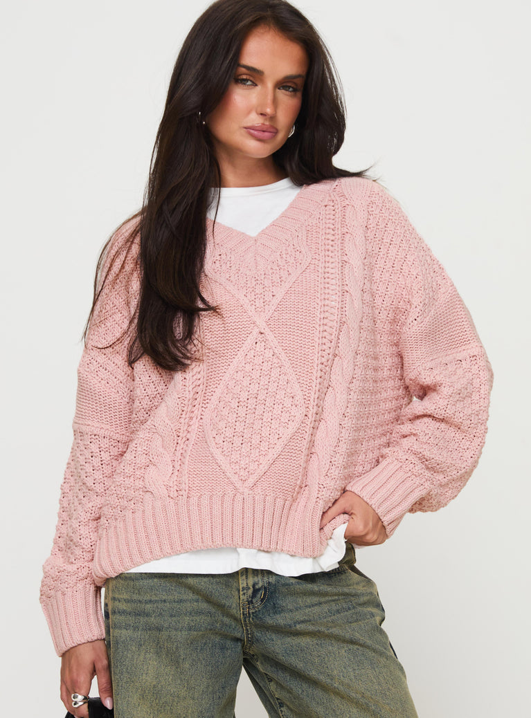 front view of model wearing Princess Polly Hour Of Love V Neck Sweater Pink Long 