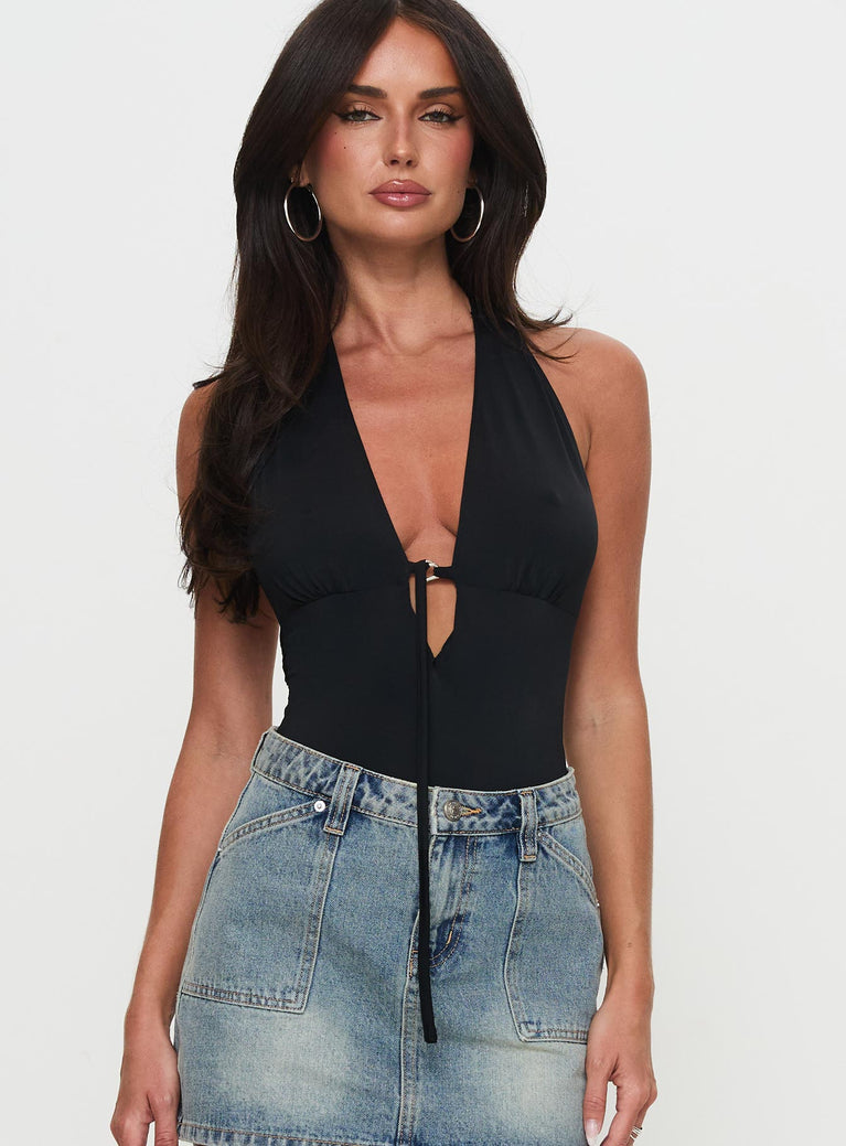 Two Summers Plunge Neck Bodysuit Black Tall