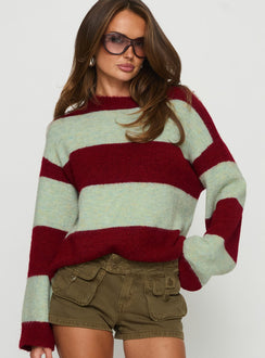 front view of model wearing Princess Polly Nesha Fluffy Knit Sweater Red / Blue Stripe 