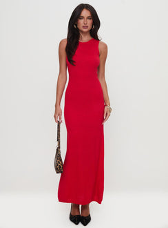 front view of model wearing Princess Polly Maebie Knit Maxi Dress Red Crew Neck 