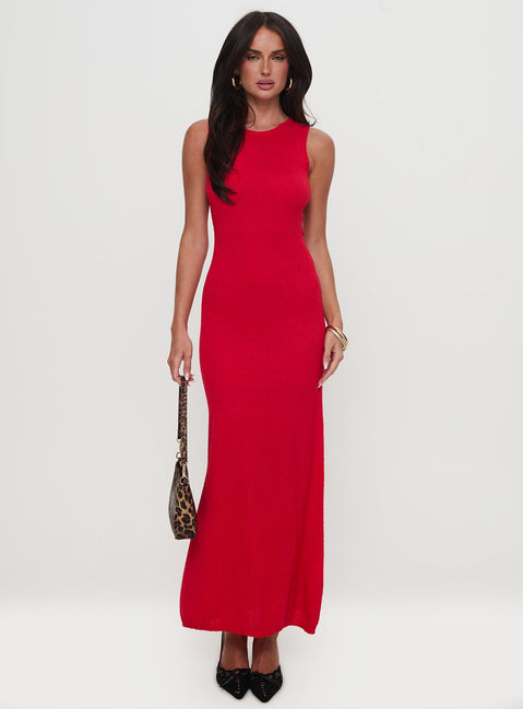 front view of model wearing Princess Polly Maebie Knit Maxi Dress Red Crew Neck 