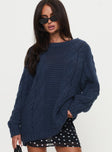 side view of model wearing Princess Polly Gabrieal Knit Sweater Navy Long 