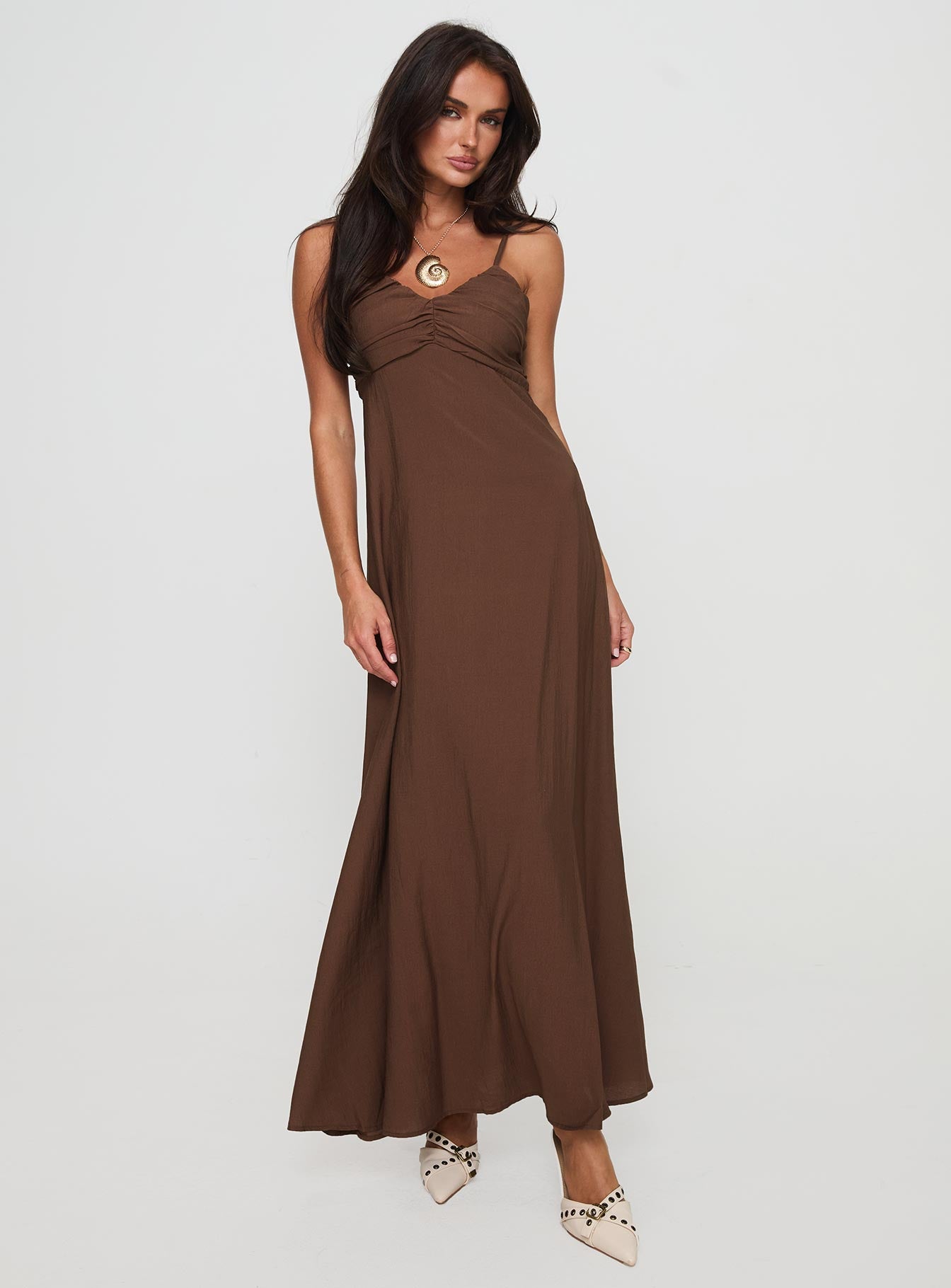 front view of model wearing Princess Polly Neeka Maxi Dress Brown V-Neck 