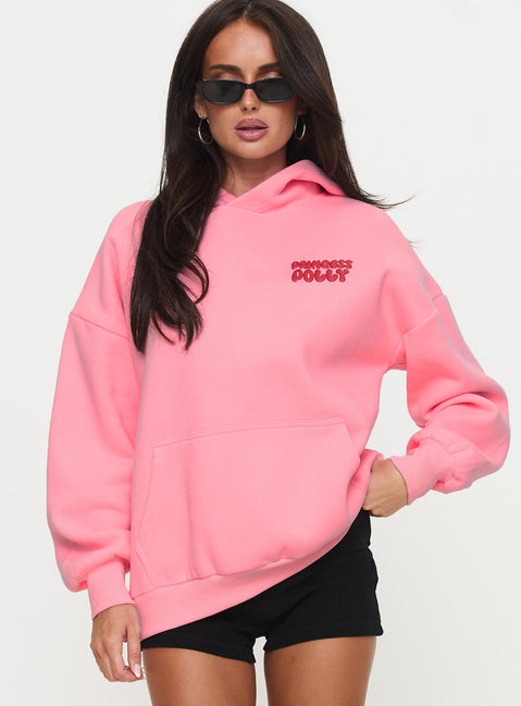 front view of model wearing Princess Polly Princess Polly Hooded Sweatshirt Bubble Text Pink / Red Long 