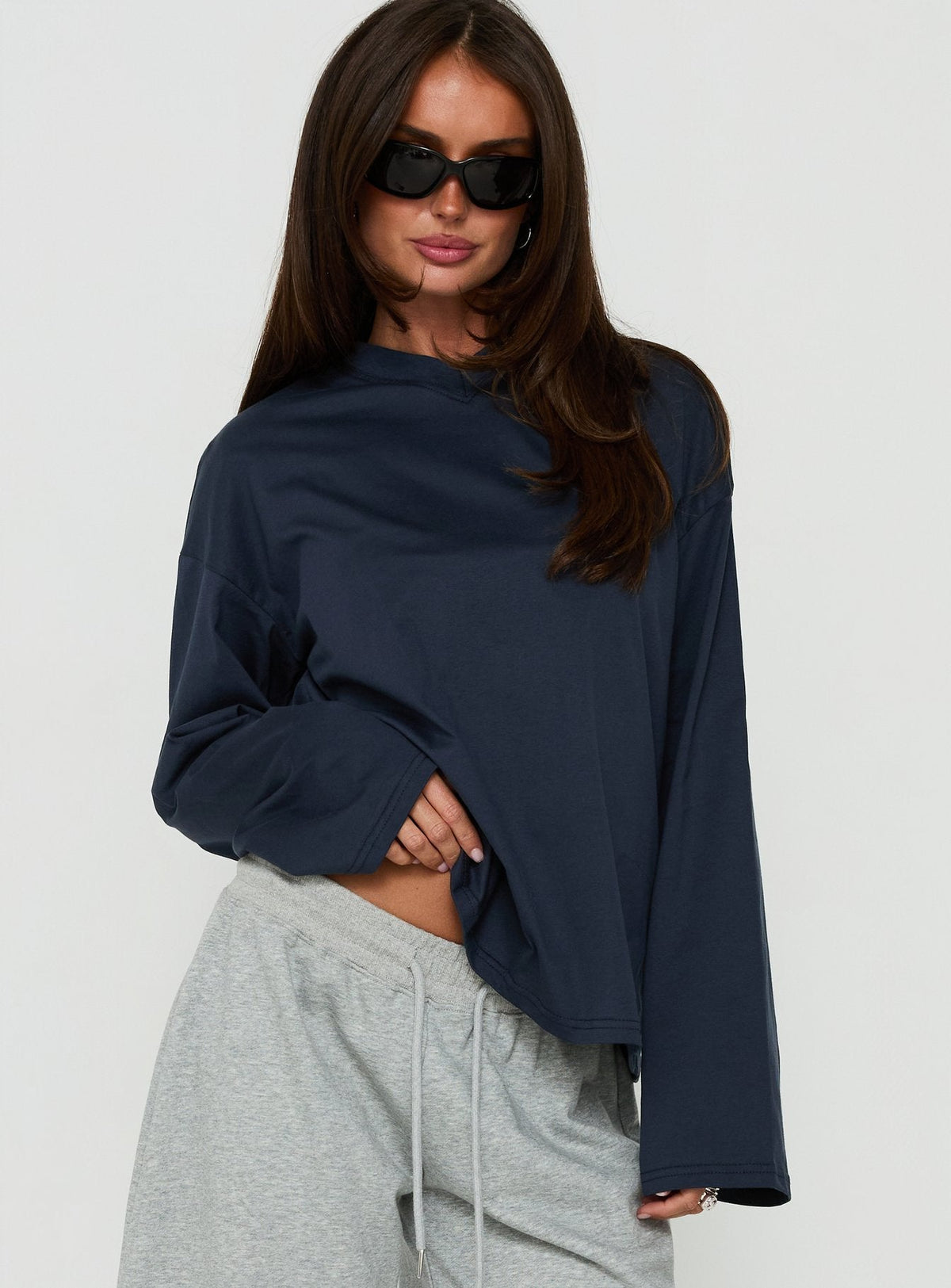 Settle Down Long Sleeve V Neck Top Navy