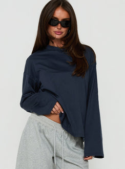 Settle Down Long Sleeve V Neck Top Navy