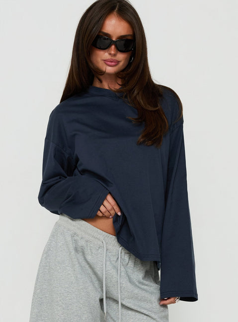 Settle Down Long Sleeve V Neck Top Navy