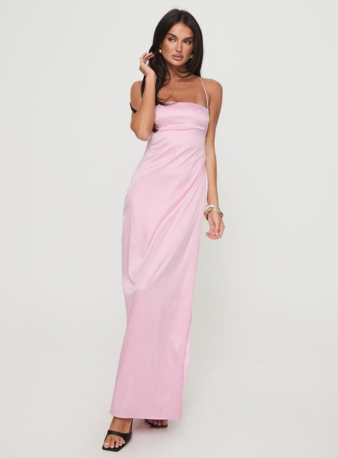 front view of model wearing Princess Polly Roselyn Maxi Dress Pink Straight Neck 