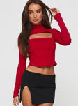 front view of model wearing Princess Polly Cathey Long Sleeve Corset Top Red Full Sleeves High Neck 