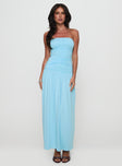 back view of model wearing Princess Polly Glorie Strapless Maxi Dress Light Blue Straight Neck 