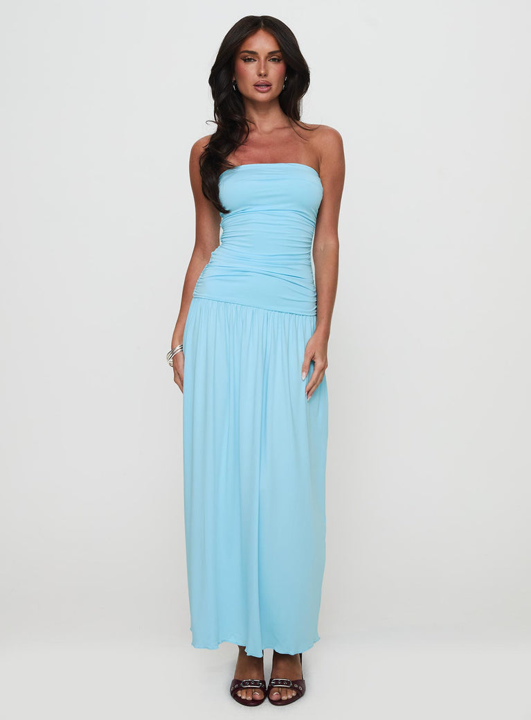 back view of model wearing Princess Polly Glorie Strapless Maxi Dress Light Blue Straight Neck 