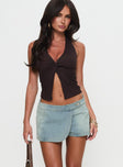 front view of model wearing Princess Polly Down For The Ride Denim Skort Light Wash Low Rise Shorts 