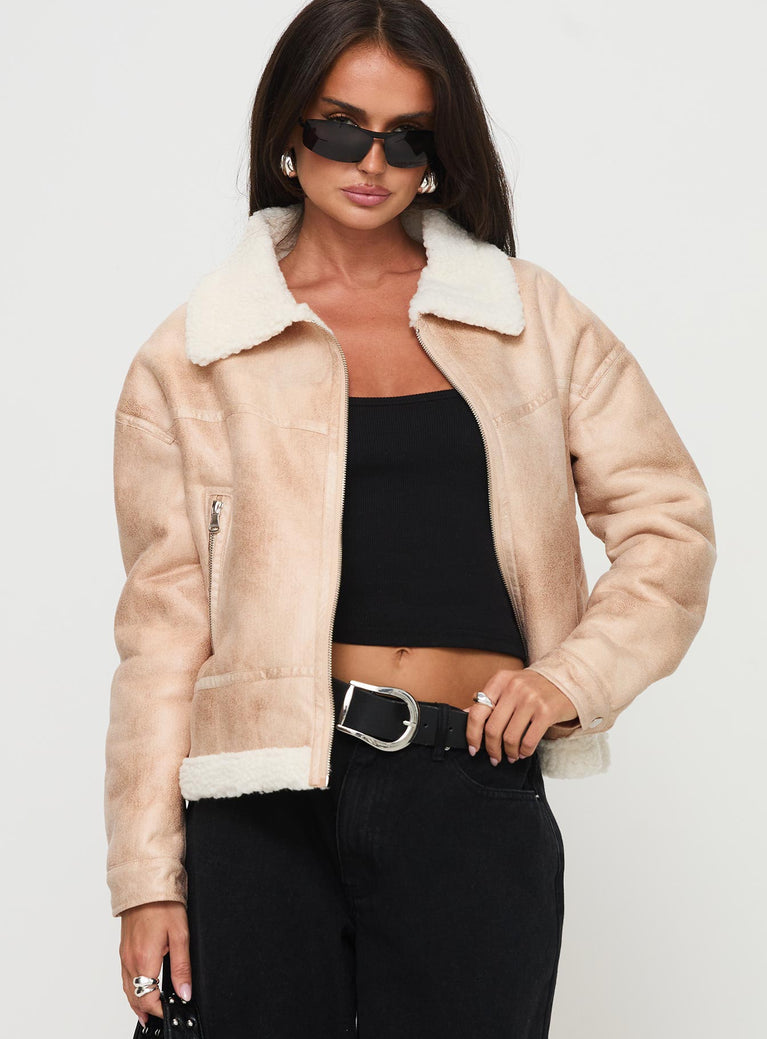 Solara Faux Leather Shearling Jacket Beige