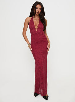 front view of model wearing Princess Polly Karmyn Plunge Maxi Dress Red Plunger 