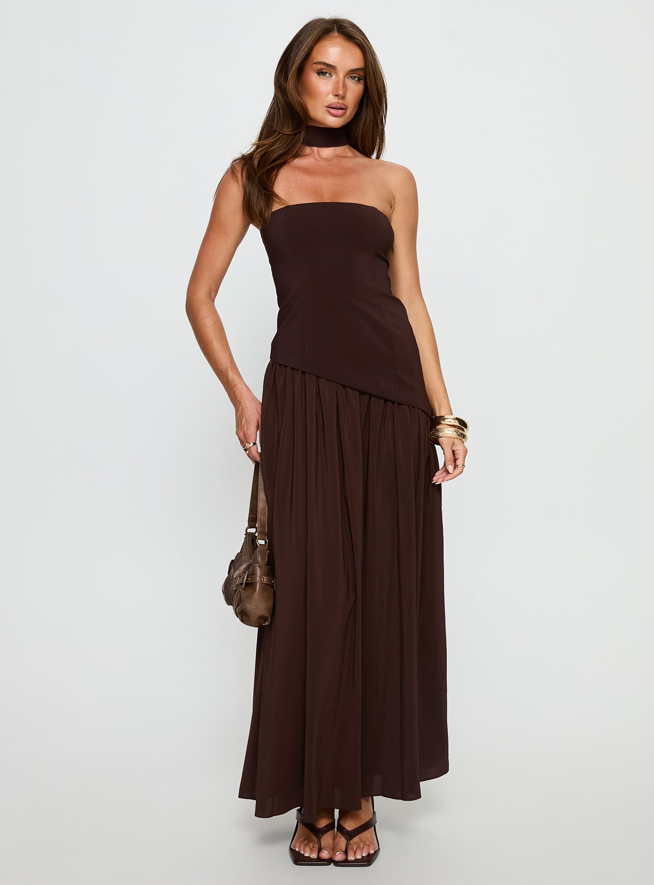 Odela Strapless Drop Waist Maxi Dress Chocolate | Princess Polly