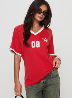 front view of model wearing Princess Polly Spectate Top Red Short Sleeves V-Neck 