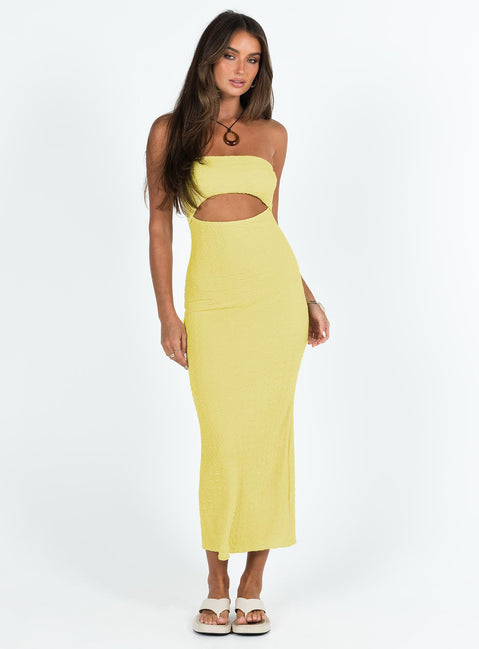 Front view of model wearing  front Princess Polly Square Neck  Talena Strapless Midi Dress Yellow