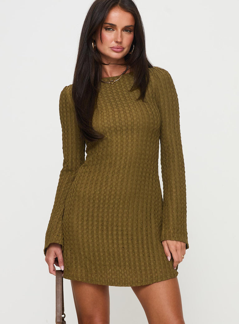 front view of model wearing Princess Polly Lukea Long Sleeve Mini Dress Olive Ribbed Boat Neck 