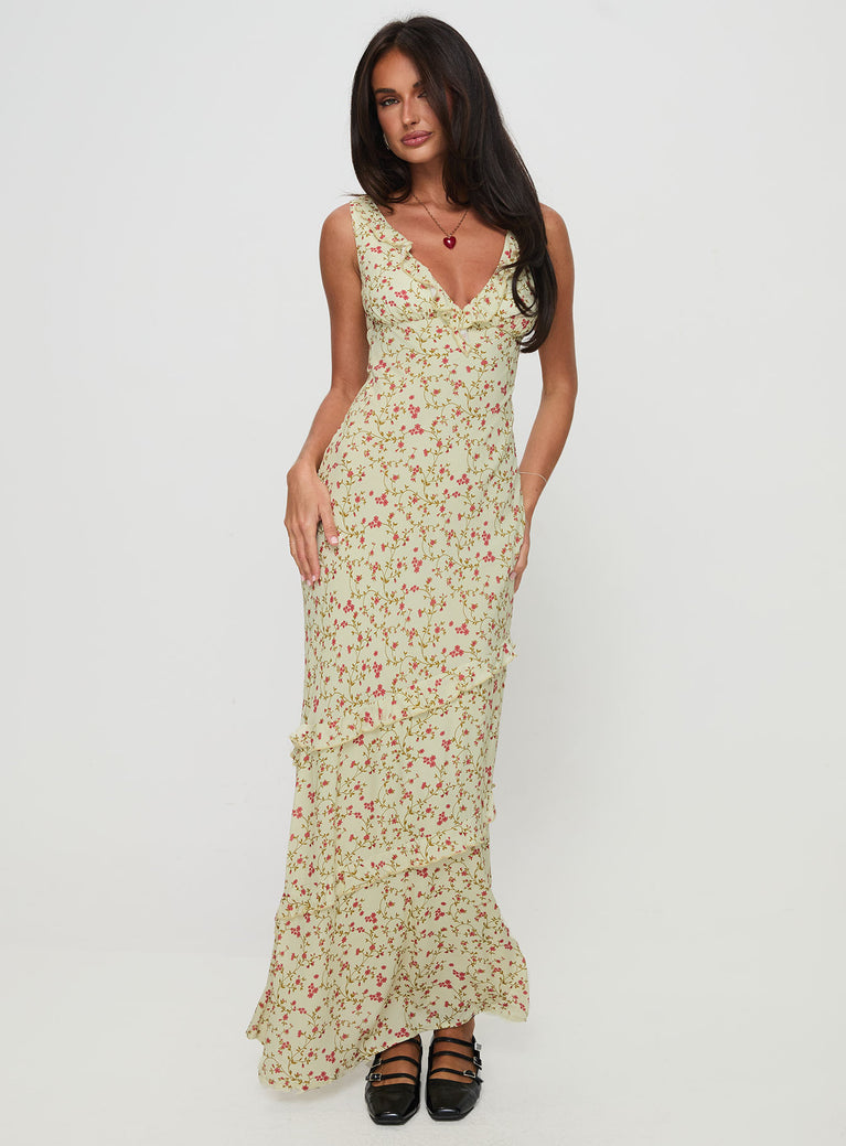 front view of model wearing Princess Polly Ridgewood Maxi Dress Beige Floral Plunger 