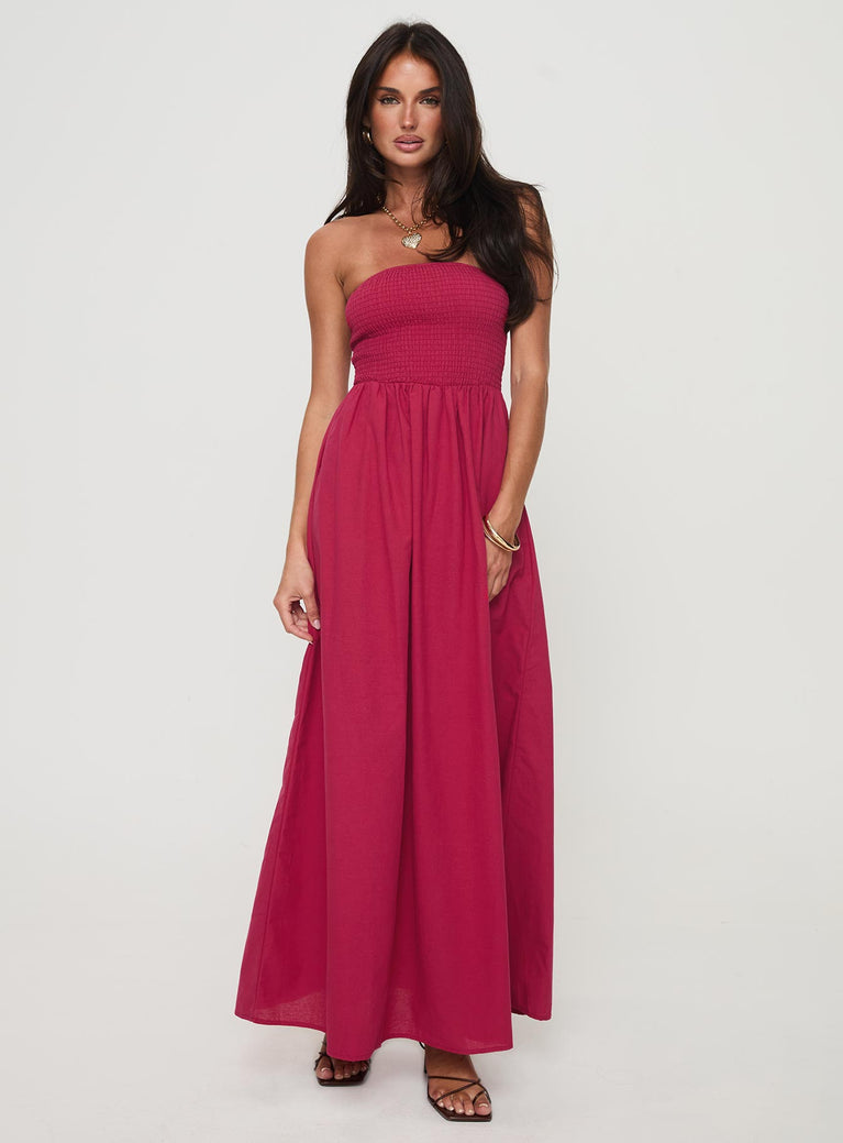 Red maxi dress Strapless style, shirred at bust