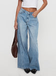 back view of model wearing Princess Polly Ringer Low Rise Wide Leg Jeans Blue Mid Rise 