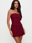 side view of model wearing Princess Polly Nutmeg Strapless Mini Dress Burgundy Straight Neck 