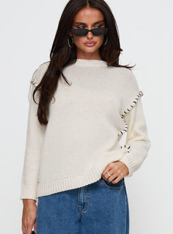 front view of model wearing Princess Polly Change The Weather Contrast Stitch Knit Sweater Cream Cropped 