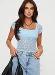 front view of model wearing Princess Polly Stangard Lace Top Blue Short Sleeves Scoop Neck 