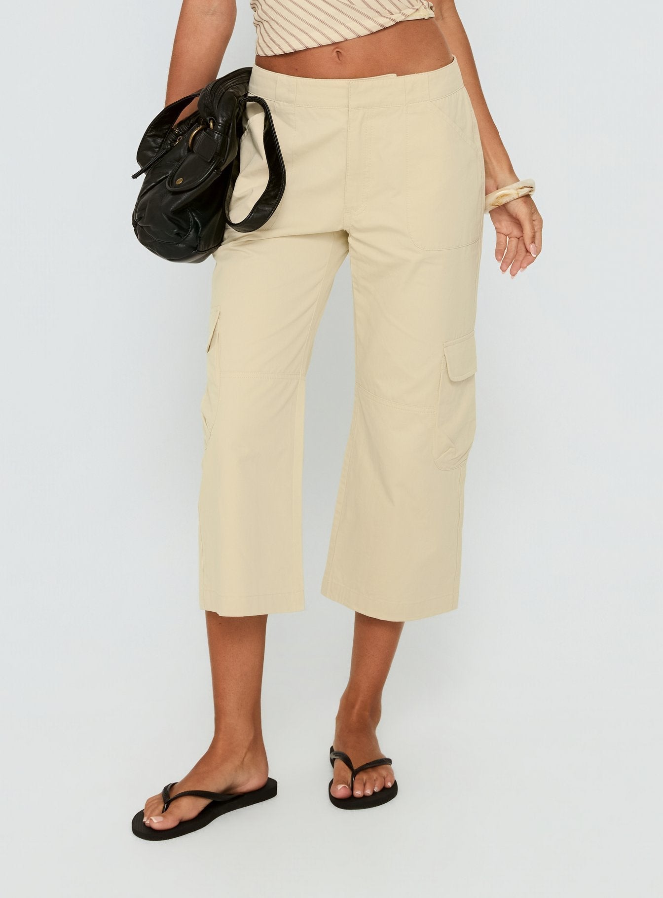 front view of model wearing Princess Polly Indee Cropped Cargo Pants Beige Mid Rise Pants Pants 