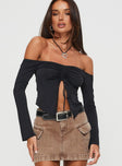 front view of model wearing Princess Polly Carradine Off The Shoulder Top Black Full Sleeves straight 