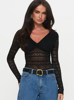 front view of model wearing Princess Polly Secret Of Us Off Shoulder Lace Bodysuit Black Full Sleeves 