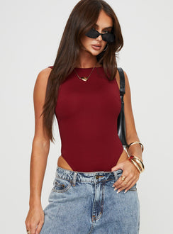 front view of model wearing Princess Polly Beresford Bodysuit Wine Sleeveless 