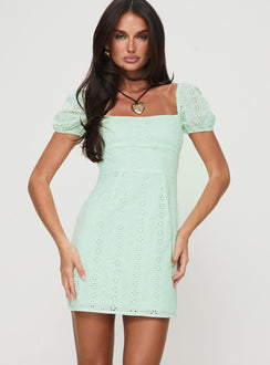 front view of model wearing Princess Polly Havena Anglaise Mini Dress Sage Square Neck 