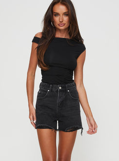 front view of model wearing Princess Polly Laurena Denim Shorts Washed Black High Waisted Shorts 
