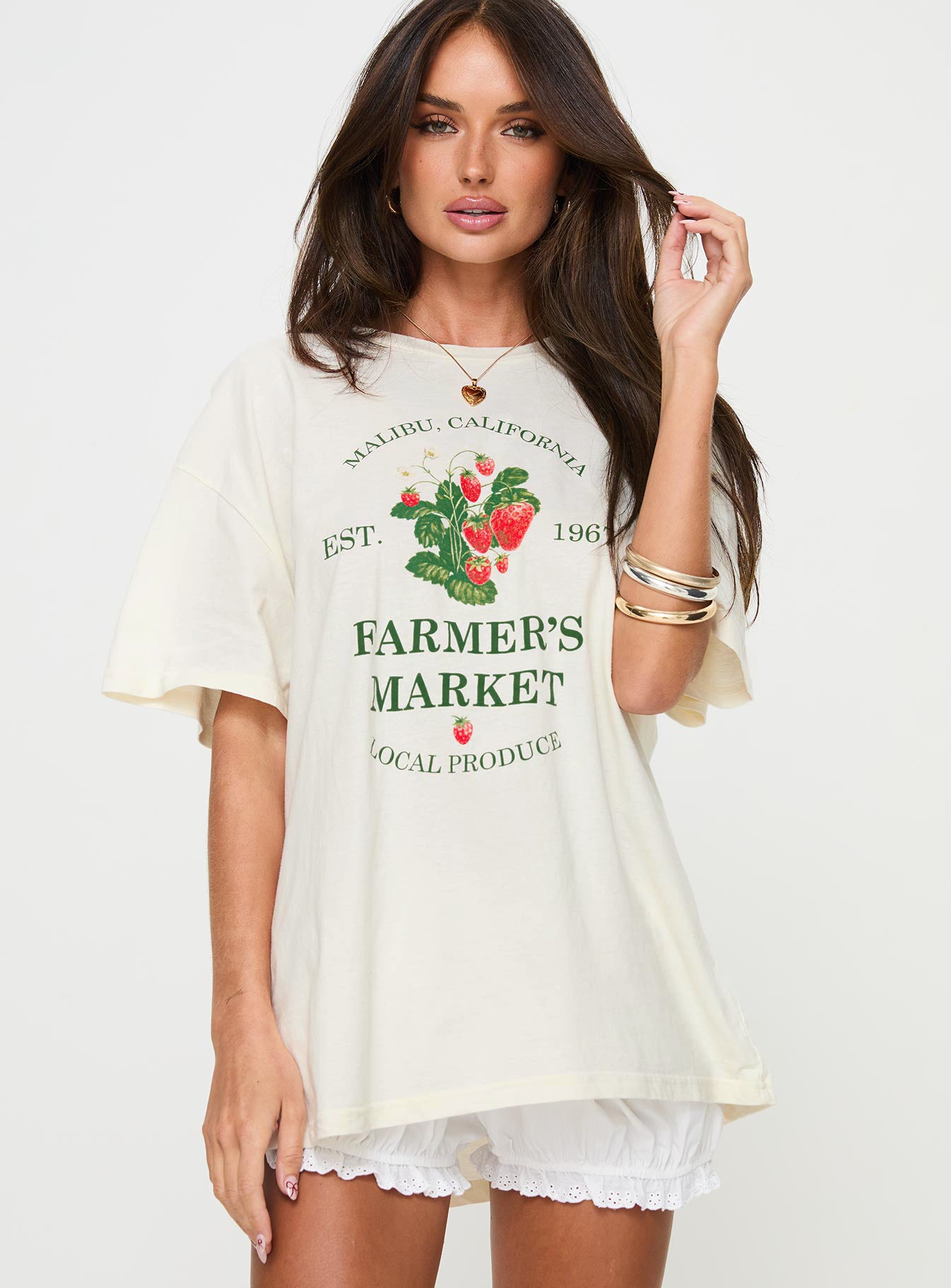 front view of model wearing Princess Polly Local Produce Tee White Half Sleeves Crew Neck 