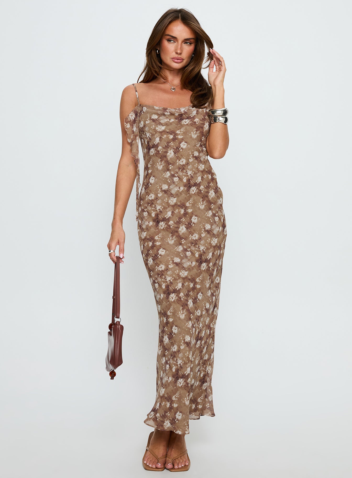 Silah Cowl Neck Maxi Dress Brown Floral