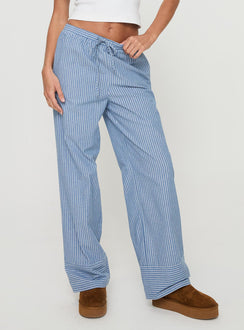 side view of model wearing Princess Polly Veridian Pants Blue Stripe Mid Rise 