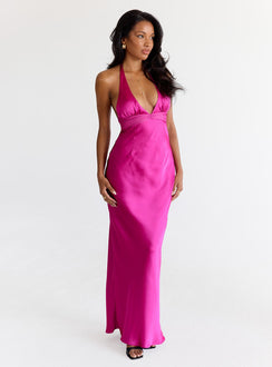 front view of model wearing Princess Polly Odyssa Halter Maxi Dress Magenta Plunger 