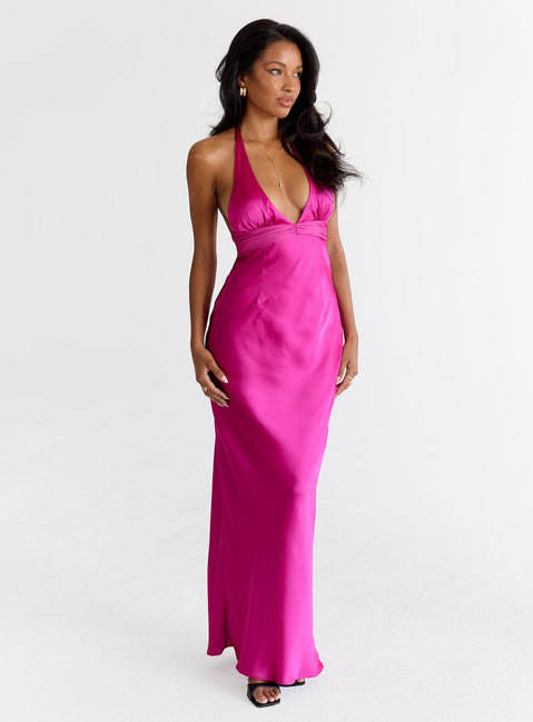 front view of model wearing Princess Polly Odyssa Halter Maxi Dress Magenta Plunger 