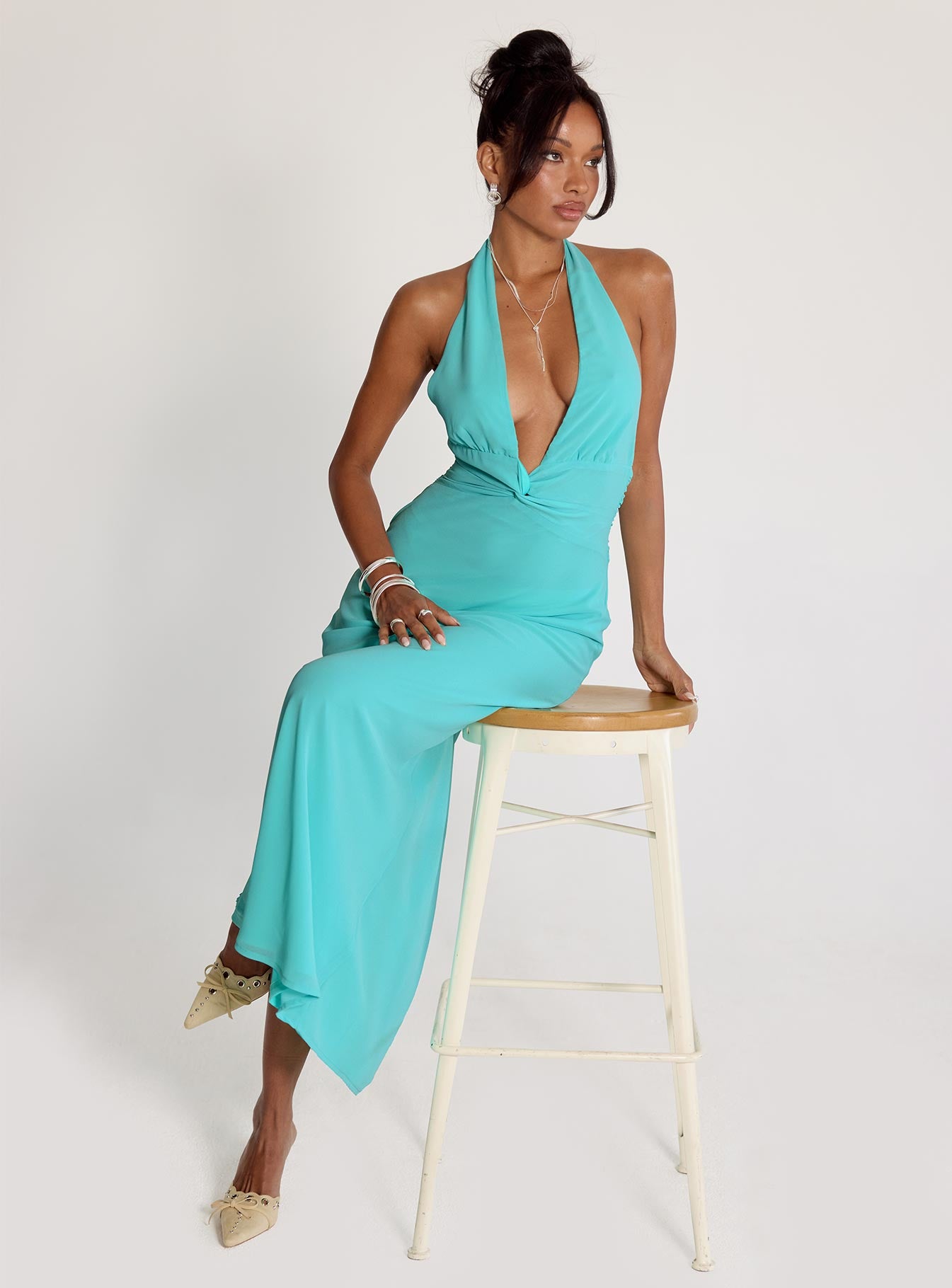 front view of model wearing Princess Polly Destina Plunge Maxi Dress Aqua Plunger 