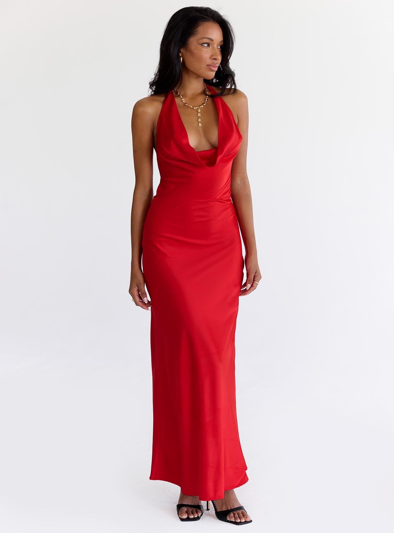 front view of model wearing Princess Polly Iridescent Plunge Maxi Dress Red Plunger 