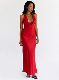 front view of model wearing Princess Polly Iridescent Plunge Maxi Dress Red Plunger 