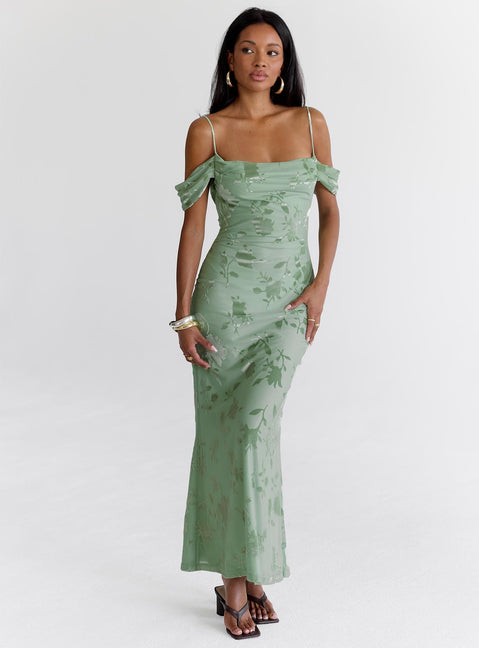 side view of model wearing Princess Polly Green Gables Burnout Maxi Dress Sage Square Neck 
