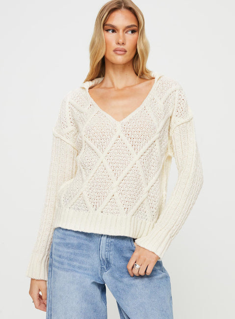 Zosia Diamond Cable Knit Sweater Cream Princess Polly  regular 