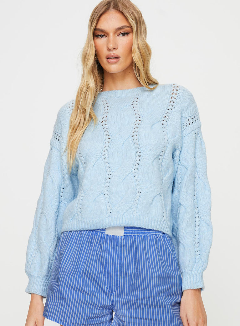 Keygan Cable Knit Sweater Blue Princess Polly  Cropped 