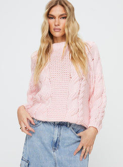 front view of model wearing Princess Polly Ellison Cable Knit Sweater Blush Pink Long 